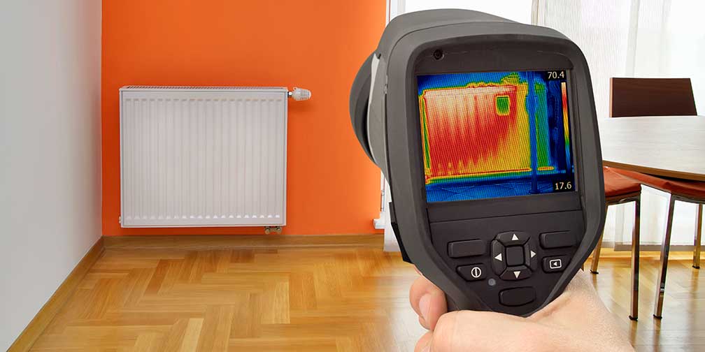 Hand holding a thermal imaging camera, detecting heat loss in central heating radiator.